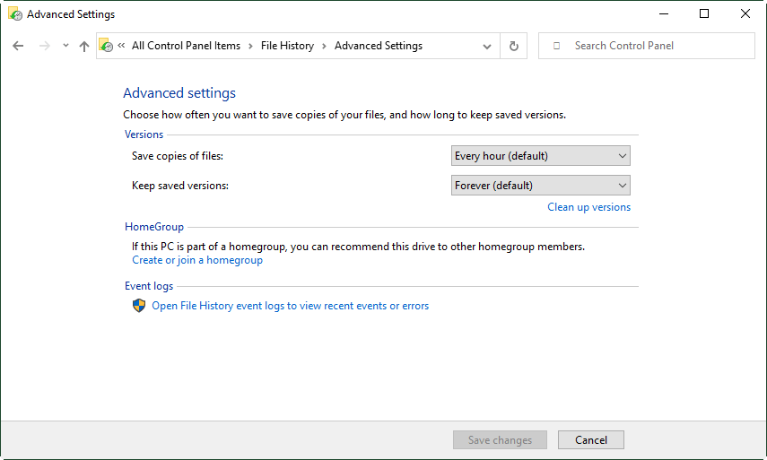 advanced File History settings in Control Panel