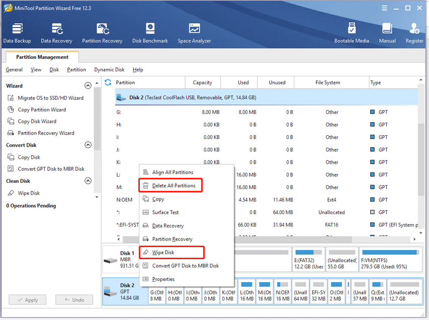 Delete All Partitions or Wipe Disk