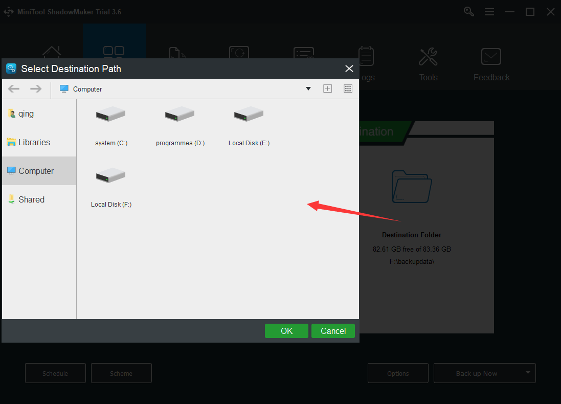 MiniTool ShadowMaker choose backup destination