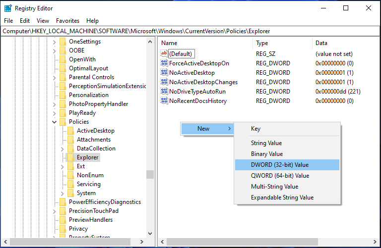 create a new DWORD (32-bit) Value