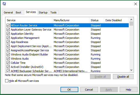 Services tab in Windows MSConfig
