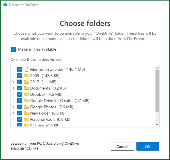 specify which files/folders to be available locally