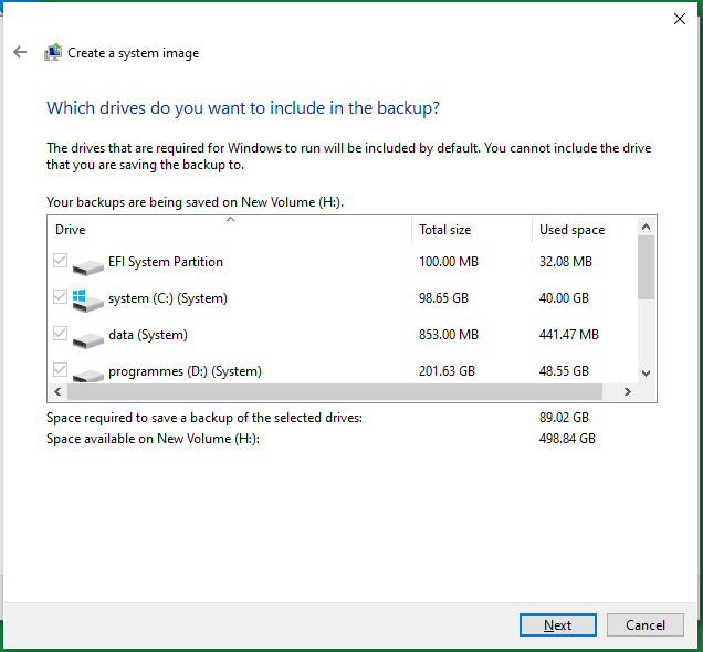 Windows 11 select system backup extra source