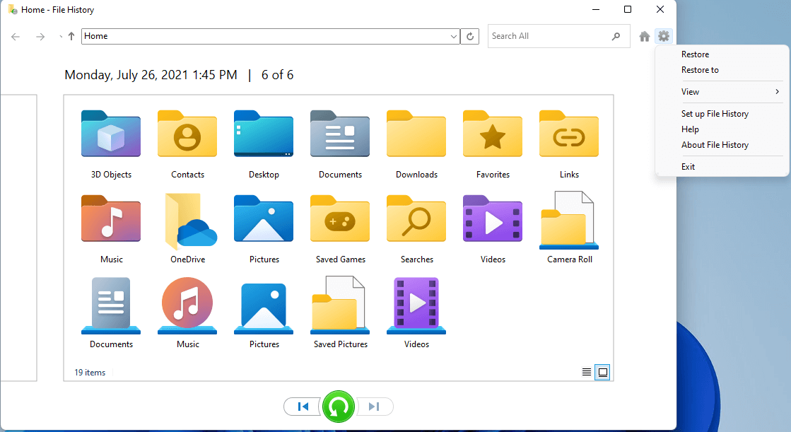 Windows 11 File History restore files
