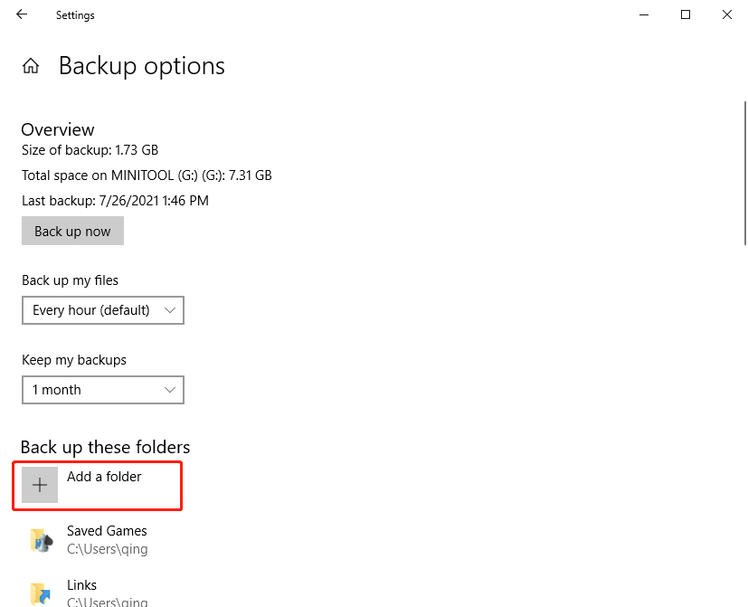 Windows 10 File History in Windows Settings