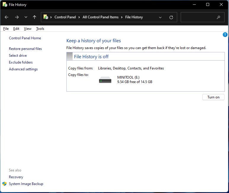 Windows 11 File History in Control Panel
