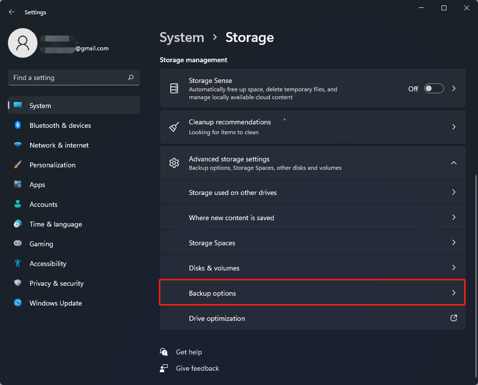 choose backup options in Windows 11 system storage settings page