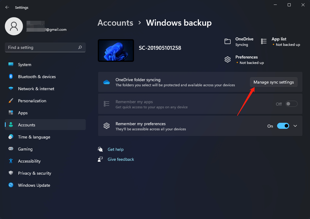 click manage sync settings in Windows 11 backup settings