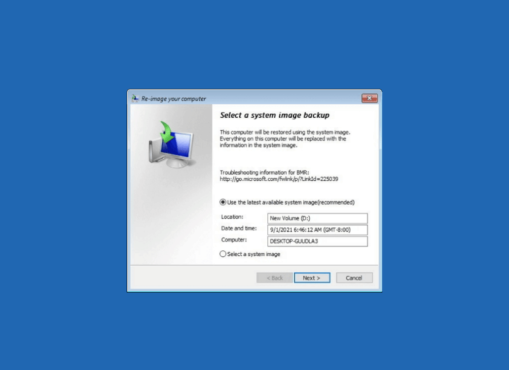 select a system image backup to restore
