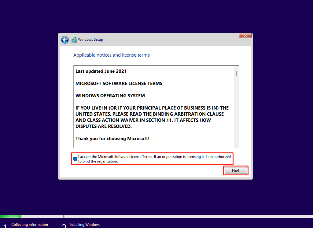 I accept the Microsoft Software License Terms