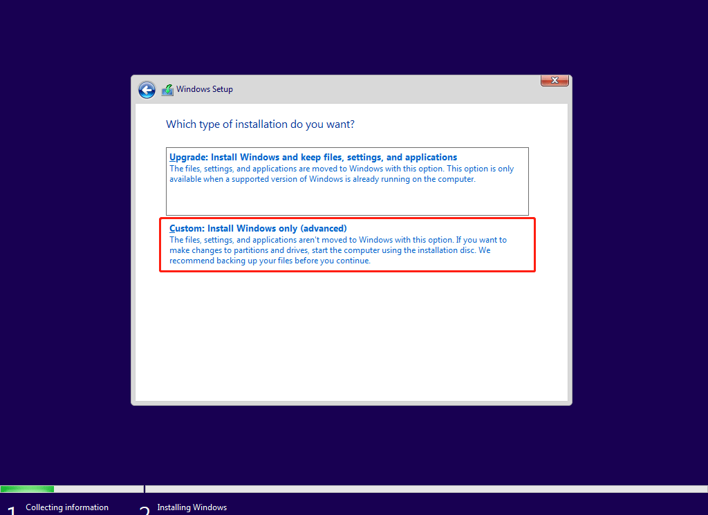 click Custom: Install Windows only