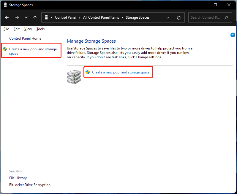 create a new pool and storage space in Windows 11 Control Panel