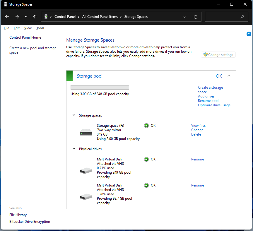 manage storage spaces Windows 11