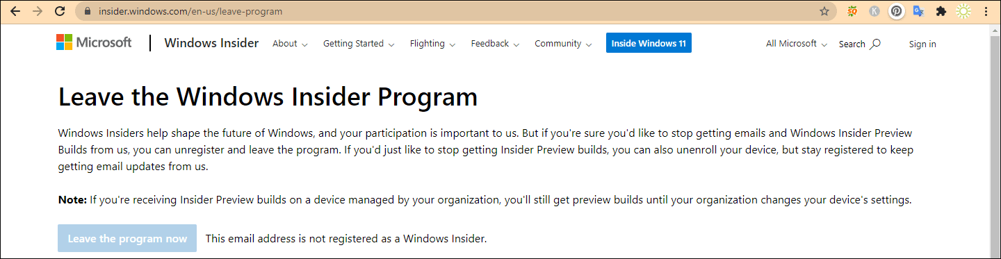 Leave the Windows Insider Program page