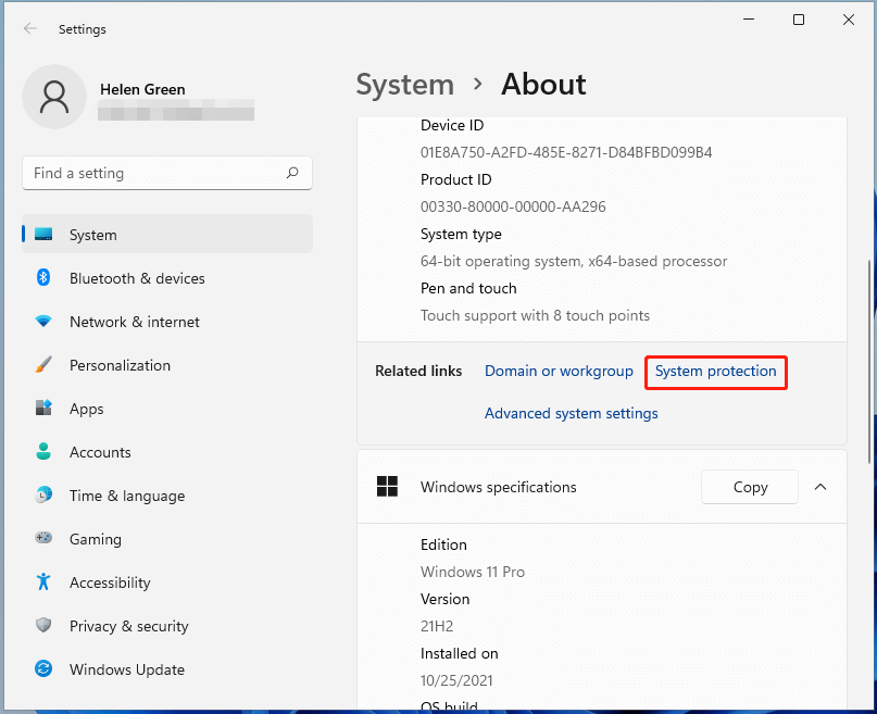 select system protection in Windows 11 Settings