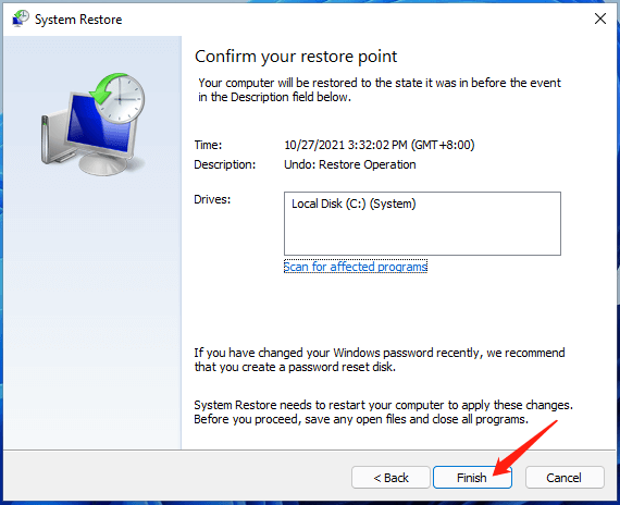 confirm system restore point