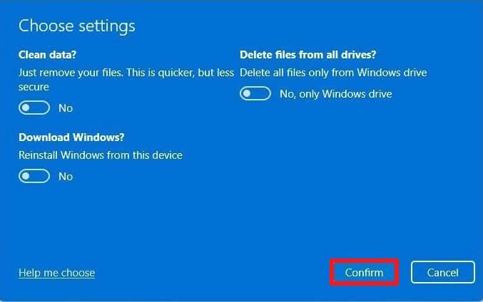 reset Windows 11 remove data settings