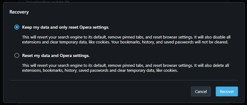 select an option and recover