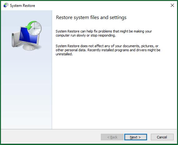 system restore welcome page