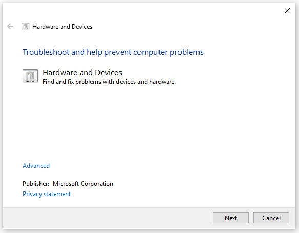 hardware and devices troubleshooter