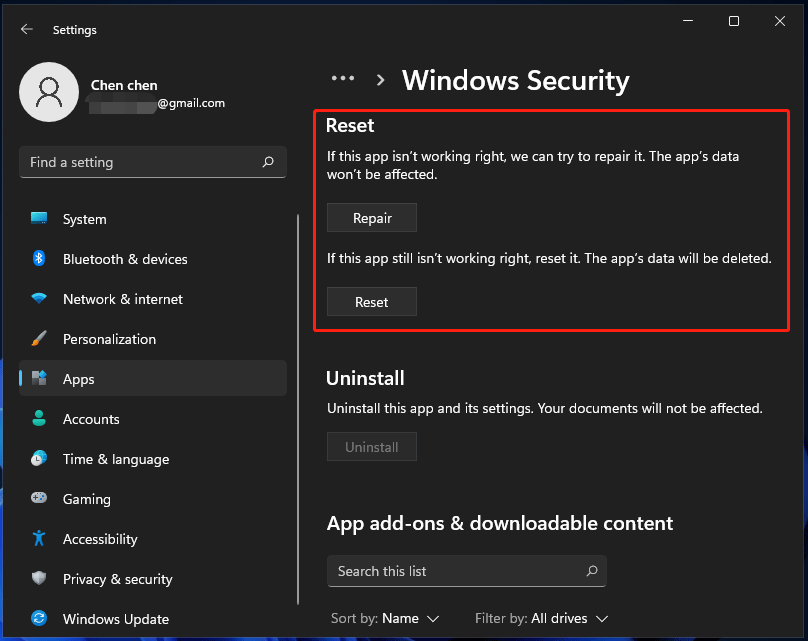 reset Windows Security