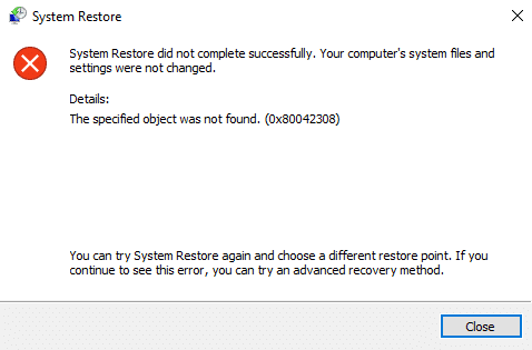 system restore error 0x80042308