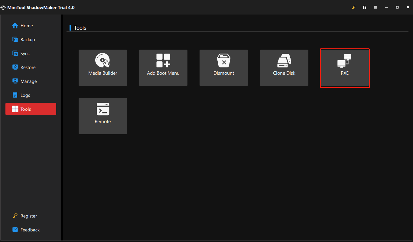 select PXE in MiniTool ShadowMaker