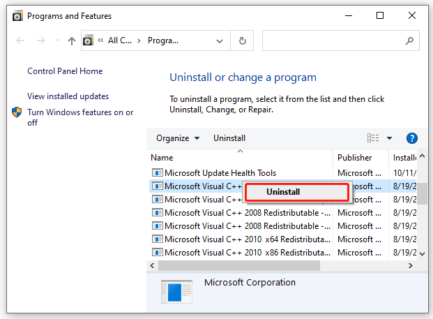 uninstall Microsoft Visual C Redistributable