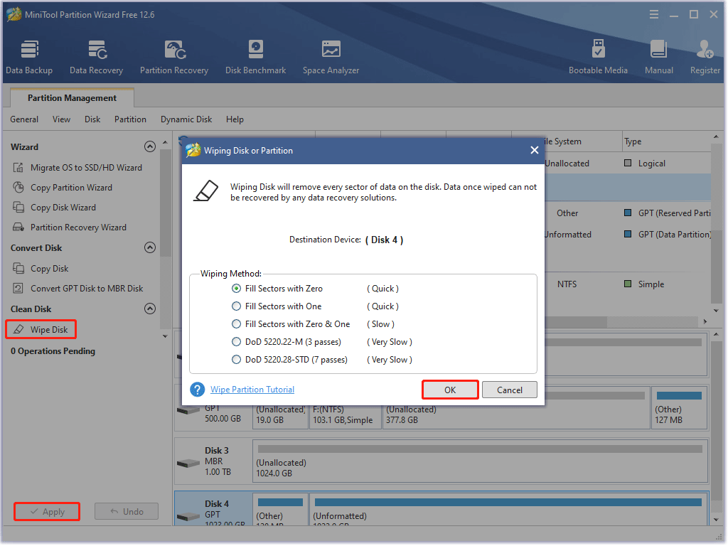 wipe a disk via MiniTool Partition Wizard