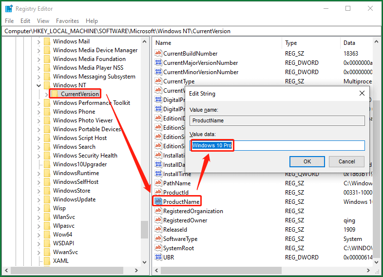 change ProductName value to Windows 10 Pro