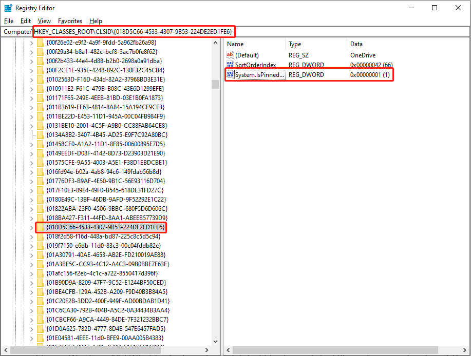 select the registry key