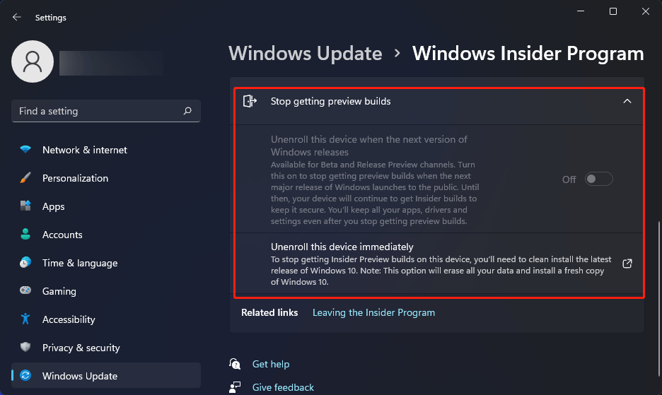 Unenroll this device when the next version of Windows releases greyed out