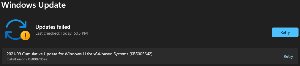 Windows 11 install error 0x800705aa