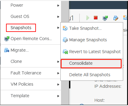 select Snapshots and Consolidate in VM