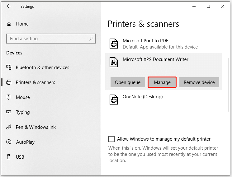click manage under the Microsoft XPS Document Writer