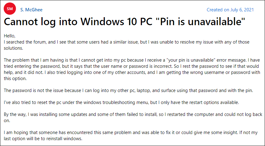 Windows PIN is unavailable