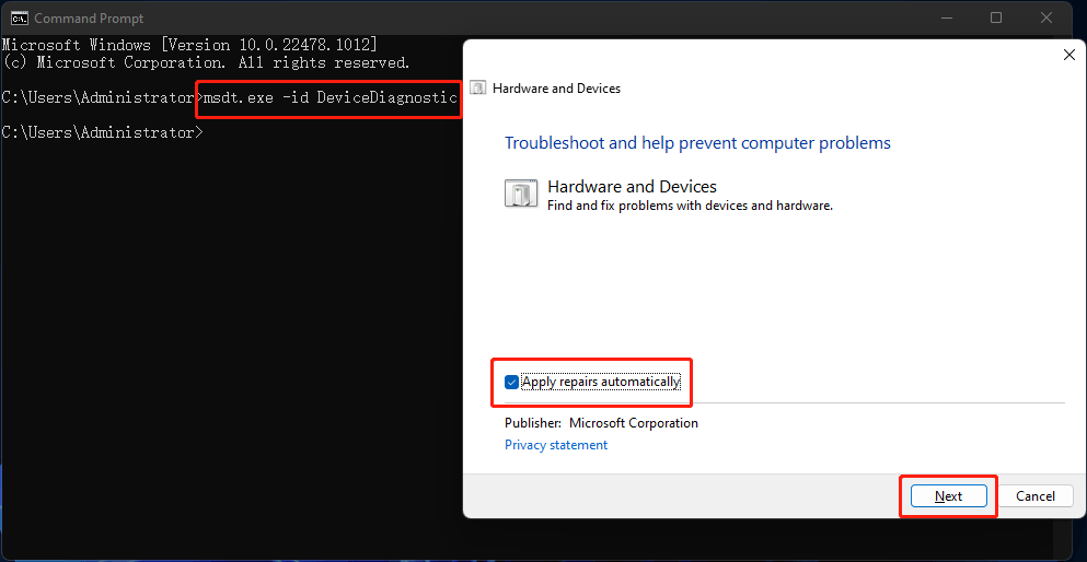 run hardware and devices troubleshooter from Command Prompt