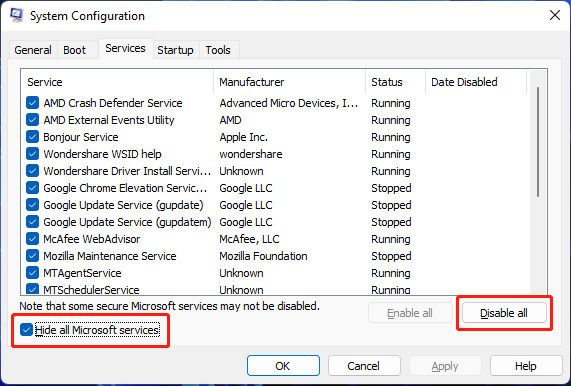 hide all Microsoft services and disable all