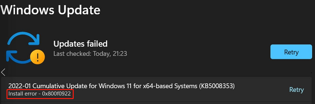Windows 11 install error 0x800f0922