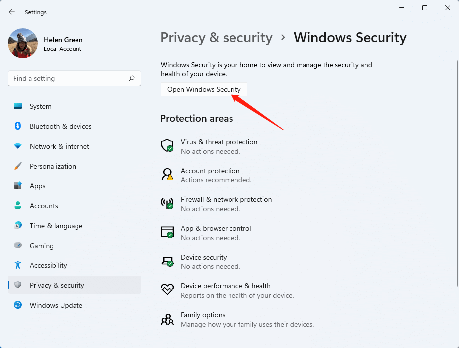 open Windows security