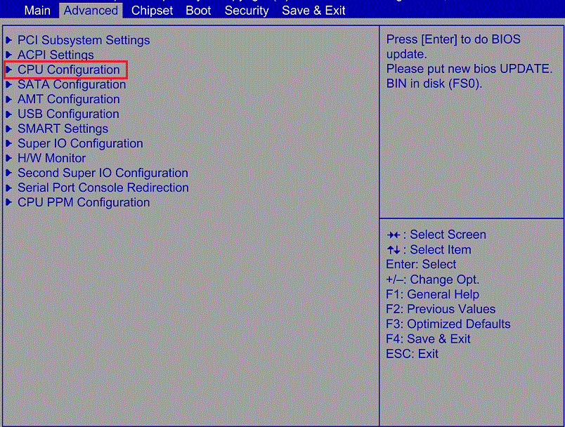 select CPU Configuration in BIOS