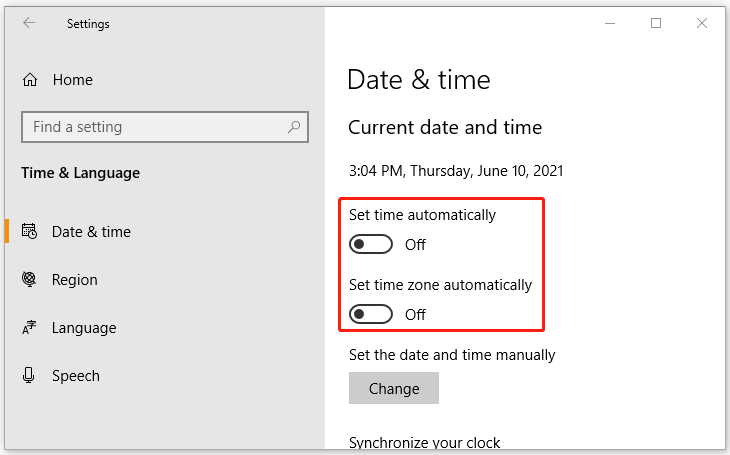 uncheck Set time zone automatically