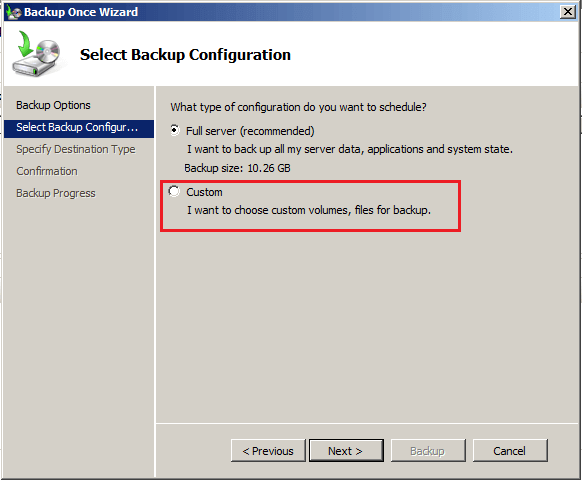 choose Windows Server Backup configuration