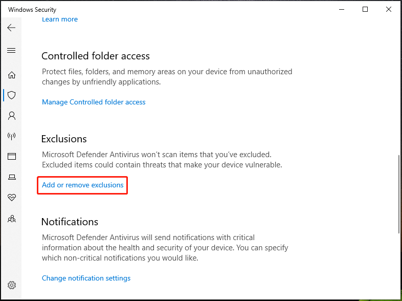add or remove Windows Defender exclusions