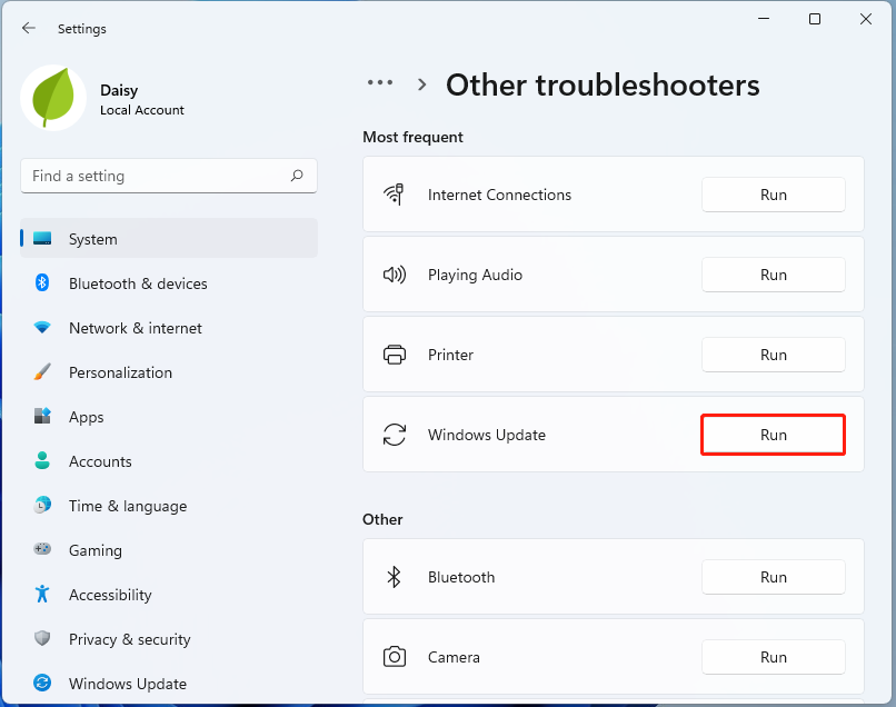 click Run next to Windows Update