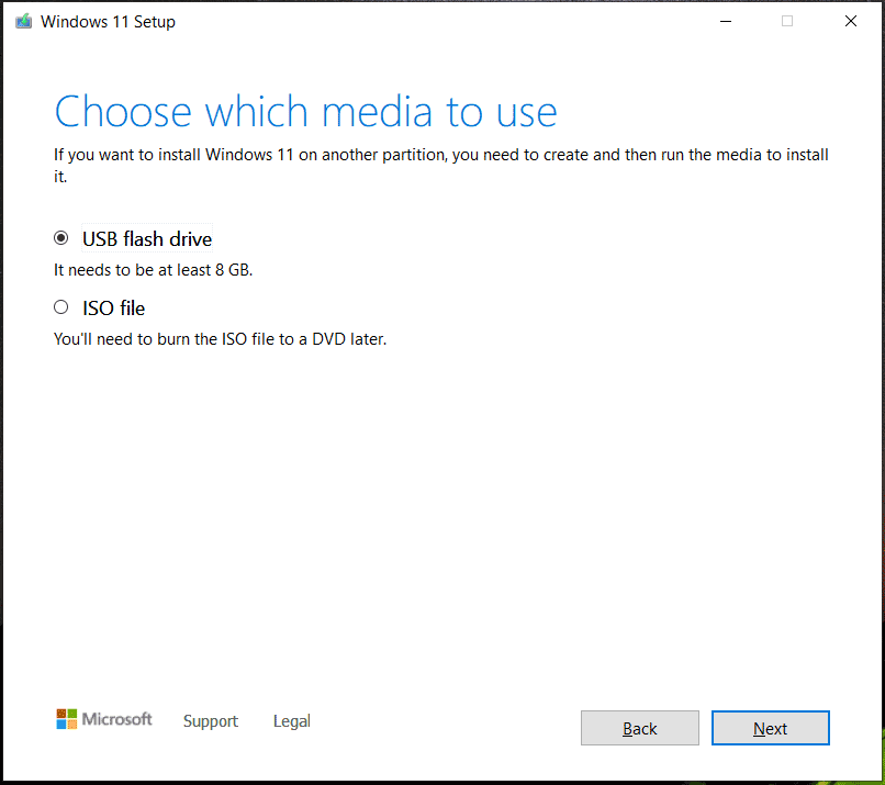 select USB drive in Media Creation Tool