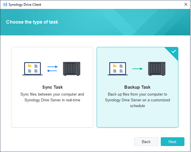 choose the type of task in Synology Drive Client