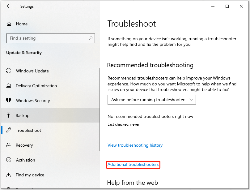 click Additional troubleshooters