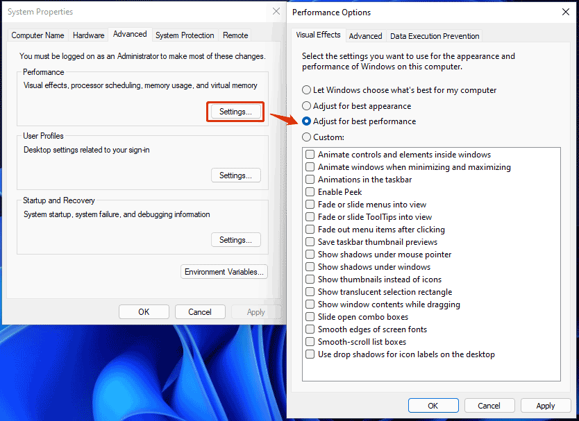 disable visual effects Windows 11