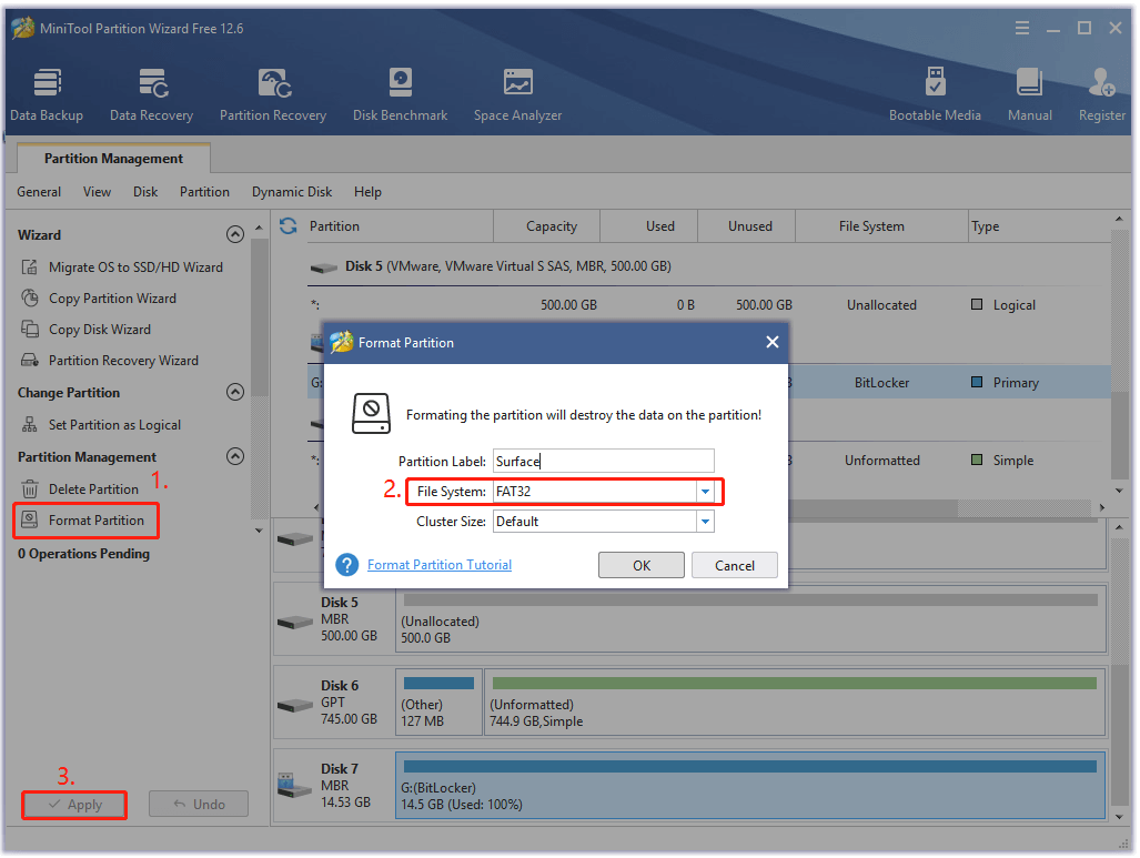 format a USB drive to FAT32 using MiniTool Partition Wizard